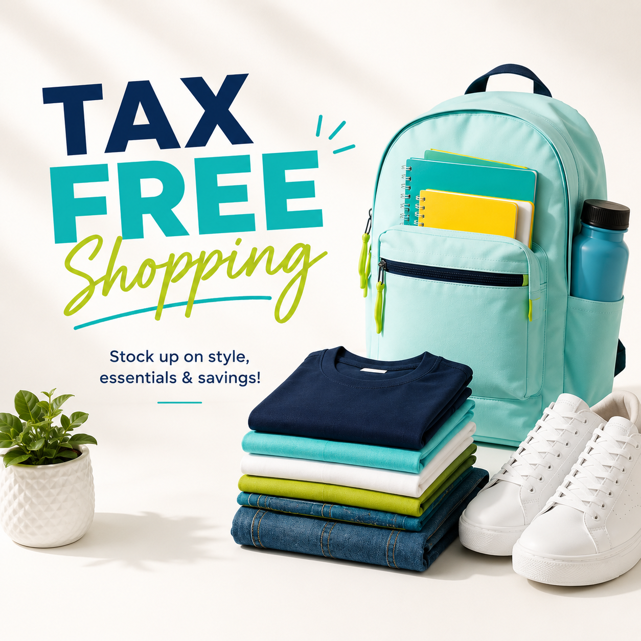 Tax Free Shopping Image with backpack and other items.